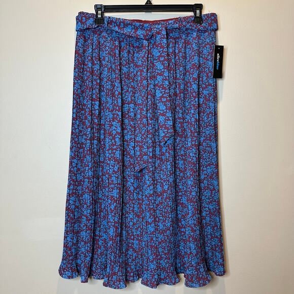 NWT Alice Blue Maroon Micro Floral Print Pleated Midi Skirt Womens Size Large L - Picture 1 of 10